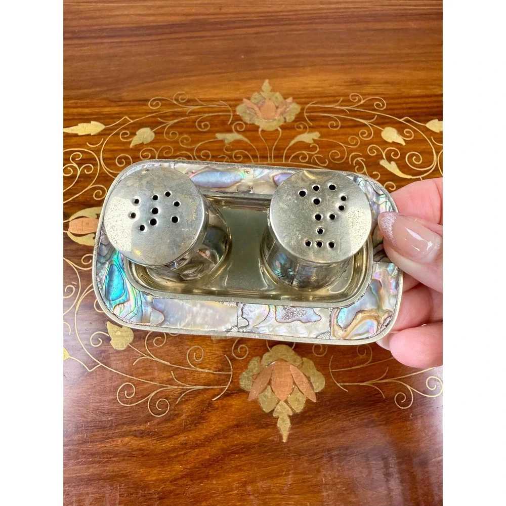 Vintage Mexican Alpaca Silver Abalone Salt & Pepper Shakers with Tray